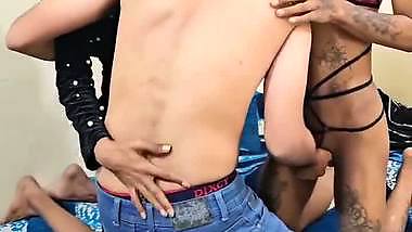 Two shemales enjoy a desi threesome with a gay