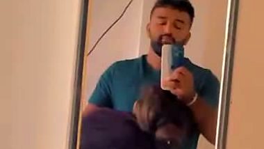 Hot wife boob sucking by husband in front of mirror
