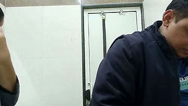 Wife in abroad fucked by office manager in washroom